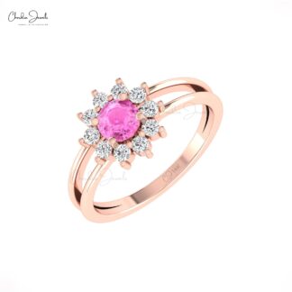 Real 14k Parallel Split Shank Ring With 5mm Pink Sapphire Halo Diamond Engagement Rings