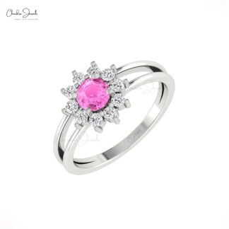 Real 14k Parallel Split Shank Ring With 5mm Pink Sapphire Halo Diamond Engagement Rings