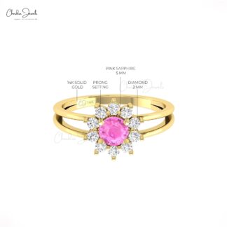 Real 14k Parallel Split Shank Ring With 5mm Pink Sapphire Halo Diamond Engagement Rings