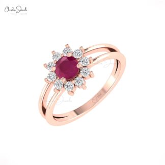 Round Halo Style Split Shank Ring In Real 14k Gold Burma Ruby And Diamond Rings For Her