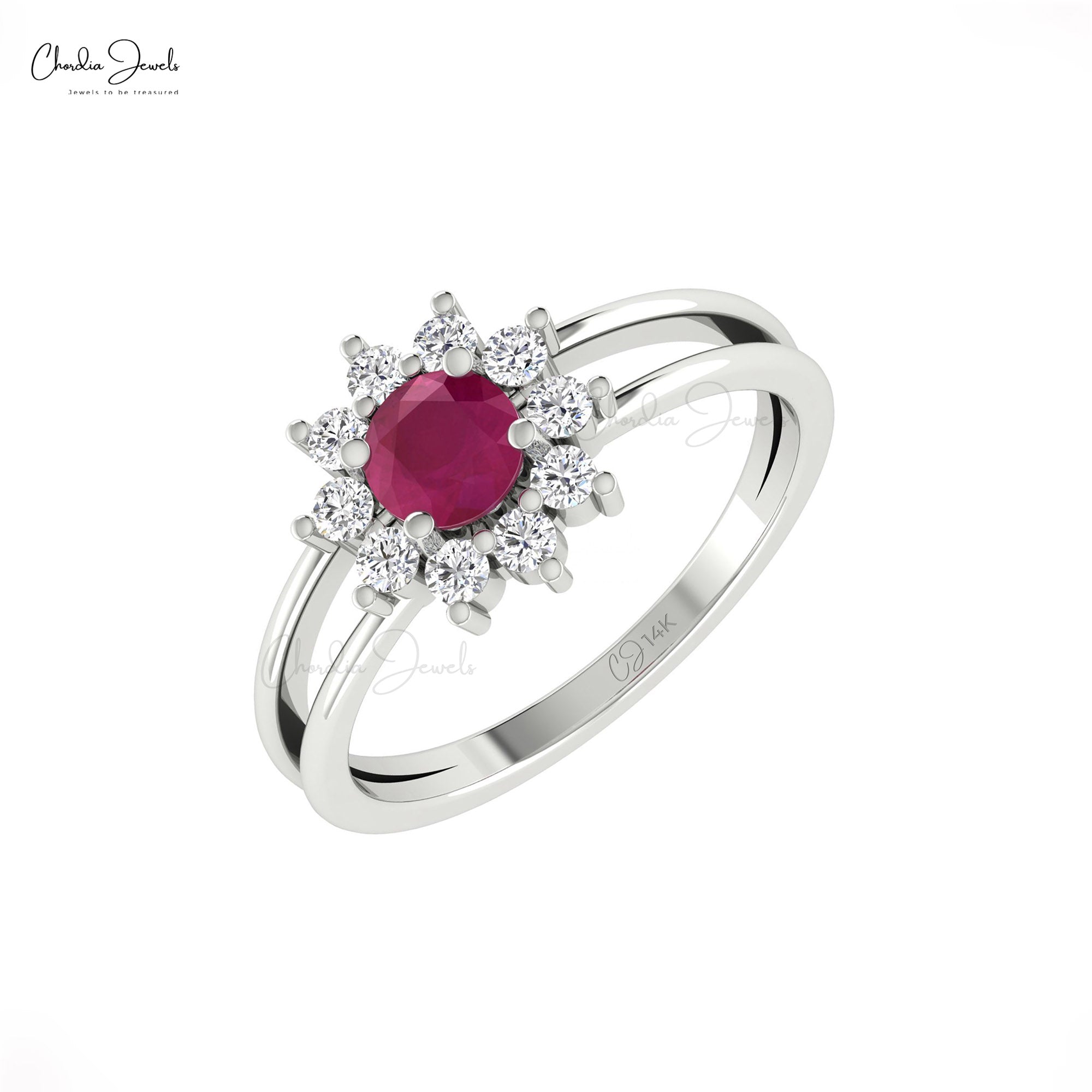 Round Halo Style Split Shank Ring In Real 14k Gold Burma Ruby And Diamond Rings For Her