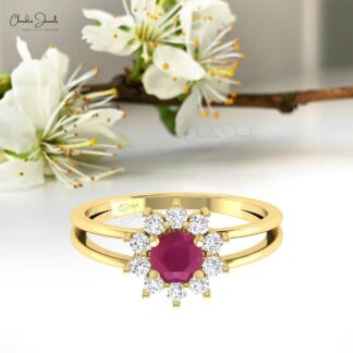 Round Halo Style Split Shank Ring In Real 14k Gold Burma Ruby And Diamond Rings For Her