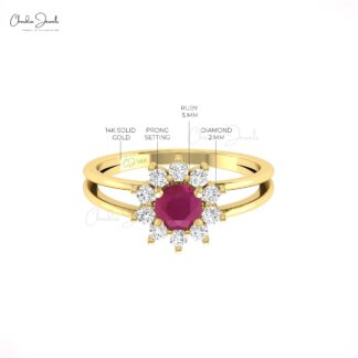 Round Halo Style Split Shank Ring In Real 14k Gold Burma Ruby And Diamond Rings For Her