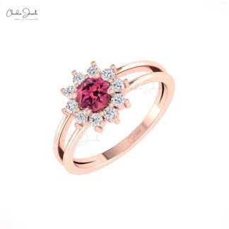 Floral Style Diamond Ring With 0.42 Ct Pink Tourmaline Prong Set In 14k Real Gold Rings