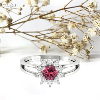 Floral Style Diamond Ring With 0.42 Ct Pink Tourmaline Prong Set In 14k Real Gold Rings