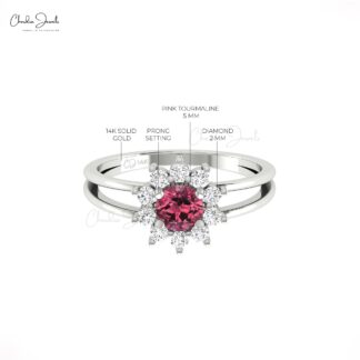 Floral Style Diamond Ring With 0.42 Ct Pink Tourmaline Prong Set In 14k Real Gold Rings