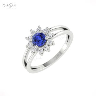 Brilliant Cut Split Shank Ring In Solid 14k Gold Tanzanite Halo Diamond Proposal Rings