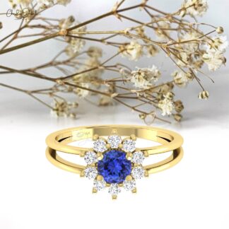 Brilliant Cut Split Shank Ring In Solid 14k Gold Tanzanite Halo Diamond Proposal Rings