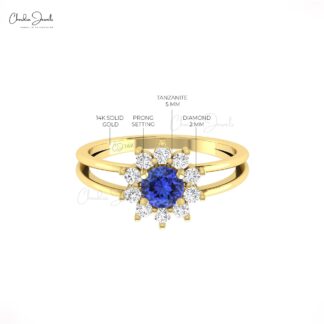 Brilliant Cut Split Shank Ring In Solid 14k Gold Tanzanite Halo Diamond Proposal Rings