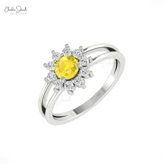 Diamond Halo Wedding Ring With 5mm Yellow Sapphire Split Shank Ring In 14k Solid Gold