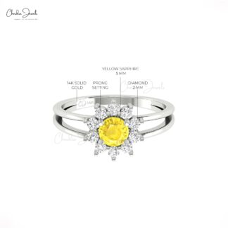 Diamond Halo Wedding Ring With 5mm Yellow Sapphire Split Shank Ring In 14k Solid Gold