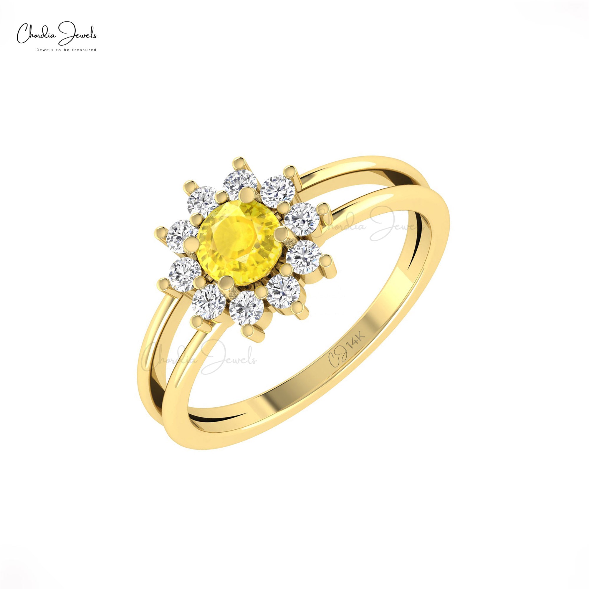 Diamond Halo Wedding Ring With 5mm Yellow Sapphire Split Shank Ring In 14k Solid Gold