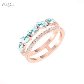 Oval Aquamarine Stack Band With G-H Diamond Pave Set In 14k Real Gold Split Shank Ring