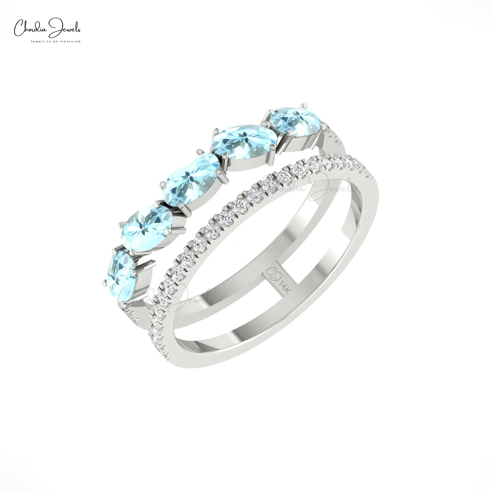 Oval Aquamarine Stack Band With G-H Diamond Pave Set In 14k Real Gold Split Shank Ring