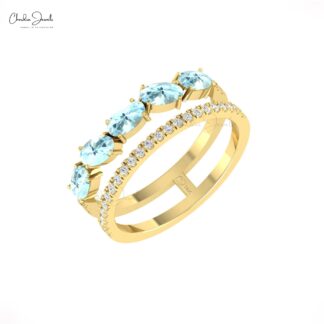 Oval Aquamarine Stack Band With G-H Diamond Pave Set In 14k Real Gold Split Shank Ring