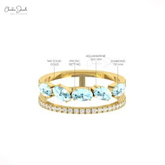 Oval Aquamarine Stack Band With G-H Diamond Pave Set In 14k Real Gold Split Shank Ring