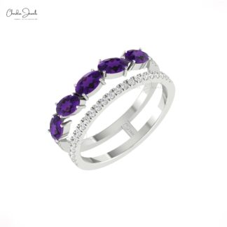 Split Shank Unique Ring In Solid 14k Gold Amethyst And Diamond Dual Band Rings For Her