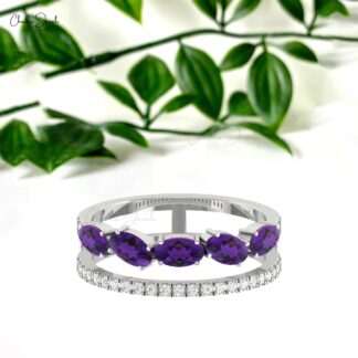 Split Shank Unique Ring In Solid 14k Gold Amethyst And Diamond Dual Band Rings For Her
