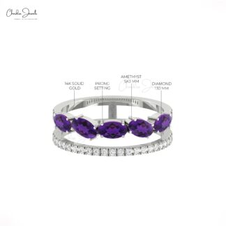 Split Shank Unique Ring In Solid 14k Gold Amethyst And Diamond Dual Band Rings For Her