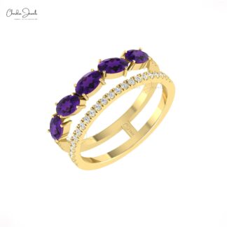 Split Shank Unique Ring In Solid 14k Gold Amethyst And Diamond Dual Band Rings For Her