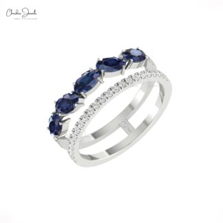 Twin Shank Oval Cut Band With 5x3mm Blue Sapphire GH- Diamond Pave Ring In 14k Pure Gold