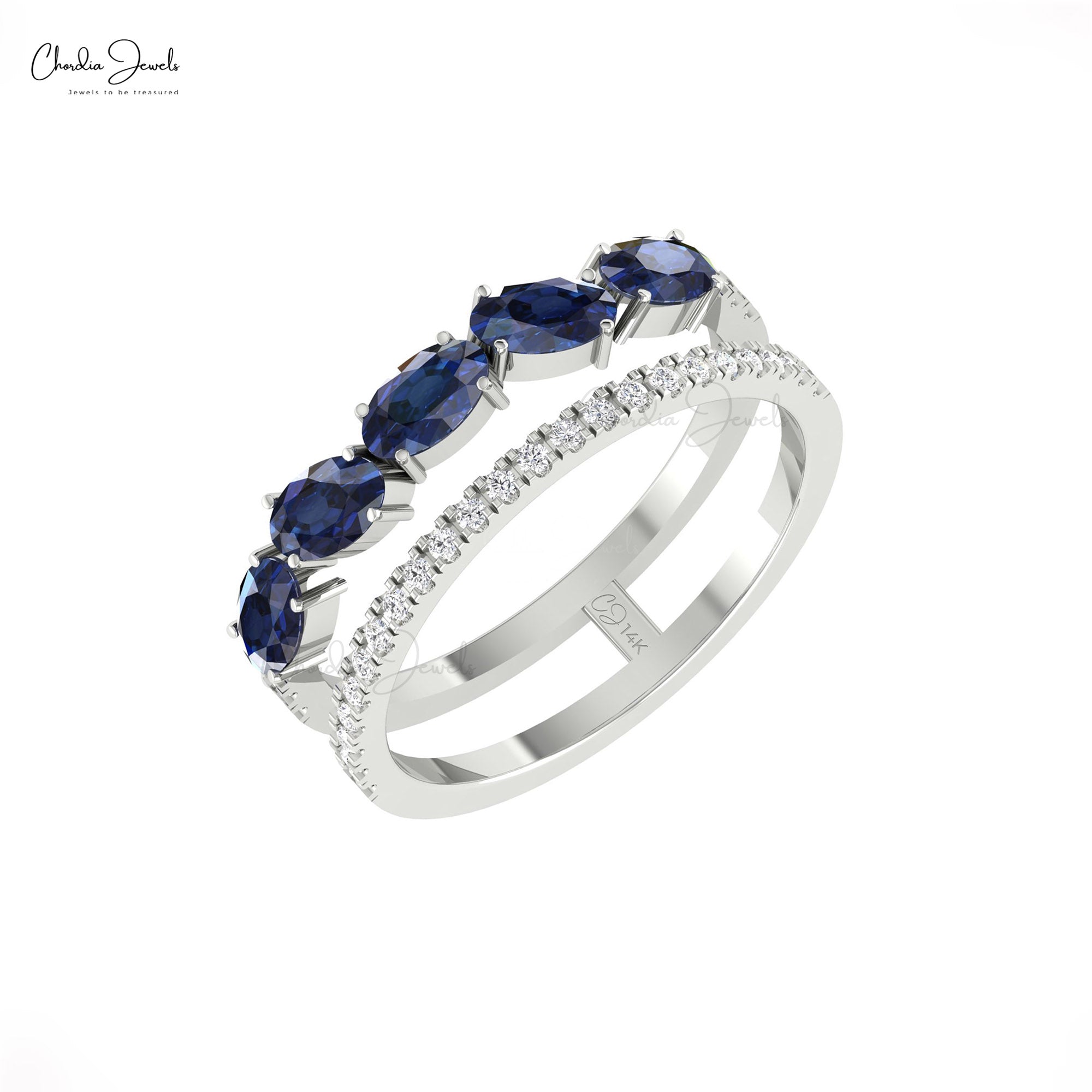 Twin Shank Oval Cut Band With 5x3mm Blue Sapphire GH- Diamond Pave Ring In 14k Pure Gold