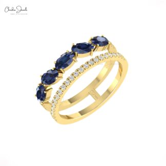 Twin Shank Oval Cut Band With 5x3mm Blue Sapphire GH- Diamond Pave Ring In 14k Pure Gold