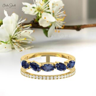 Twin Shank Oval Cut Band With 5x3mm Blue Sapphire GH- Diamond Pave Ring In 14k Pure Gold