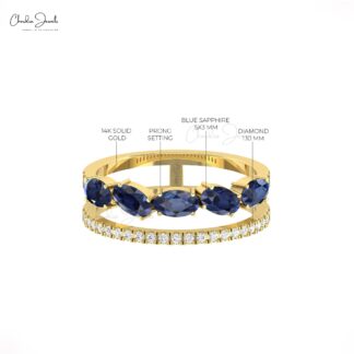 Twin Shank Oval Cut Band With 5x3mm Blue Sapphire GH- Diamond Pave Ring In 14k Pure Gold