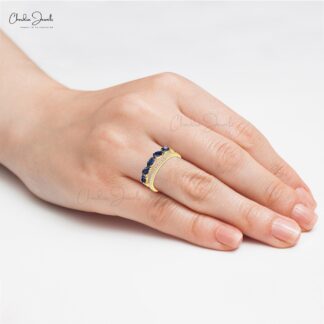 Twin Shank Oval Cut Band With 5x3mm Blue Sapphire GH- Diamond Pave Ring In 14k Pure Gold