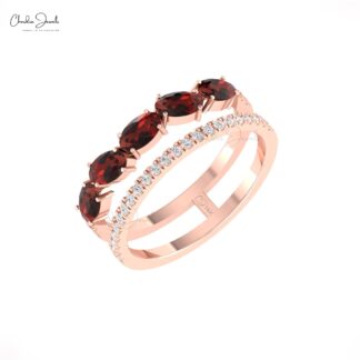 Diamond Split Shank Band With 5x3mm Red Garnet Prong Set In 14k Real Gold Bridal Rings