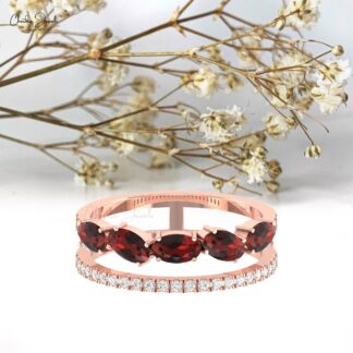 Diamond Split Shank Band With 5x3mm Red Garnet Prong Set In 14k Real Gold Bridal Rings