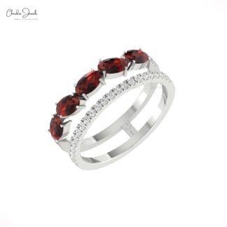 Diamond Split Shank Band With 5x3mm Red Garnet Prong Set In 14k Real Gold Bridal Rings