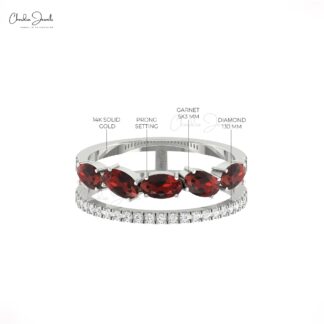Diamond Split Shank Band With 5x3mm Red Garnet Prong Set In 14k Real Gold Bridal Rings
