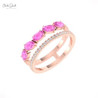 AAA Pink Sapphire Dual Shank Stack Ring In 14k Real Gold Diamond Hallmarked Fine Jewelry