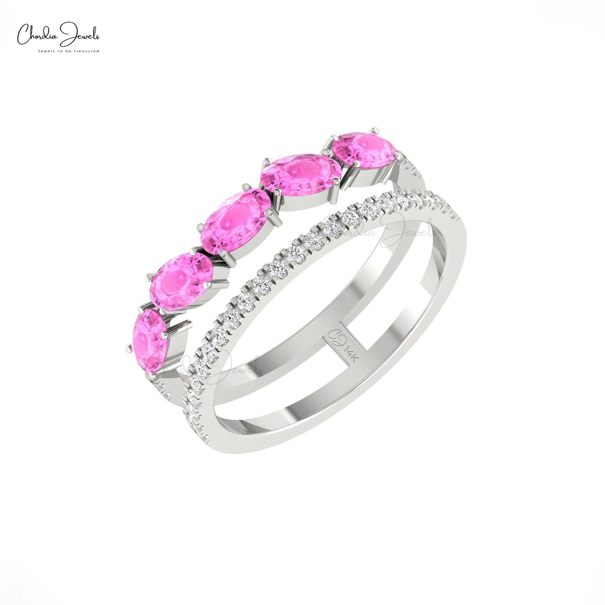 AAA Pink Sapphire Dual Shank Stack Ring In 14k Real Gold Diamond Hallmarked Fine Jewelry