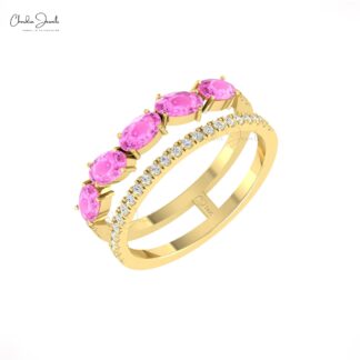 AAA Pink Sapphire Dual Shank Stack Ring In 14k Real Gold Diamond Hallmarked Fine Jewelry