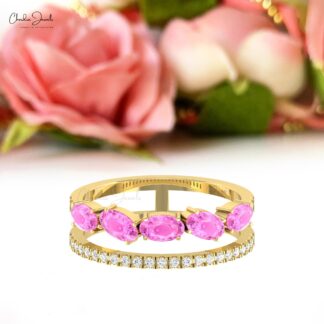 AAA Pink Sapphire Dual Shank Stack Ring In 14k Real Gold Diamond Hallmarked Fine Jewelry