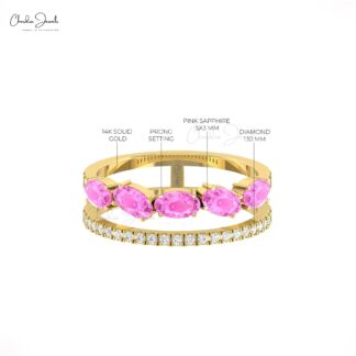 AAA Pink Sapphire Dual Shank Stack Ring In 14k Real Gold Diamond Hallmarked Fine Jewelry