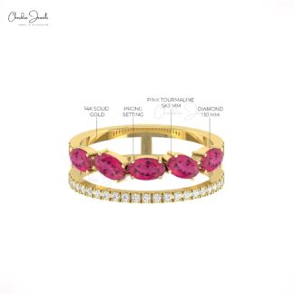 Split Shank Diamond Women Ring In Pure 14k Gold Pink Tourmaline October Birthstone Ring