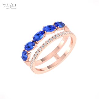 Two Shank Birthstone Ring With 5x3mm Tanzanite Diamond Pave Set In 14k Solid Gold Rings