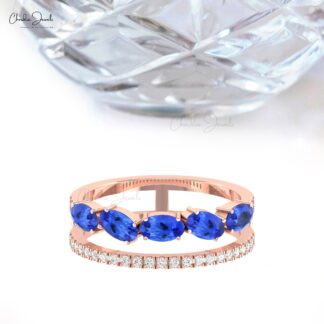 Two Shank Birthstone Ring With 5x3mm Tanzanite Diamond Pave Set In 14k Solid Gold Rings