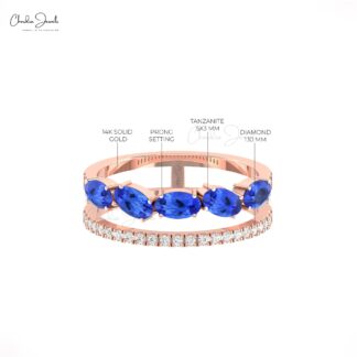 Two Shank Birthstone Ring With 5x3mm Tanzanite Diamond Pave Set In 14k Solid Gold Rings
