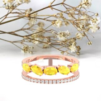 Double Shank Diamond Band In 14k Real Gold Yellow Sapphire 1.75 Ct Oval Anniversary Ring