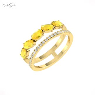 Double Shank Diamond Band In 14k Real Gold Yellow Sapphire 1.75 Ct Oval Anniversary Ring