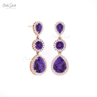 Dangle Halo Diamond Earrings In Real 14k Gold Amethyst 3 Ct Gemstone Women Earrings