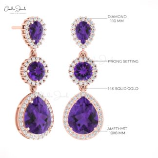 Dangle Halo Diamond Earrings In Real 14k Gold Amethyst 3 Ct Gemstone Women Earrings