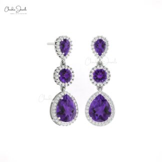 Dangle Halo Diamond Earrings In Real 14k Gold Amethyst 3 Ct Gemstone Women Earrings