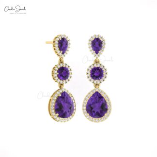 Dangle Halo Diamond Earrings In Real 14k Gold Amethyst 3 Ct Gemstone Women Earrings