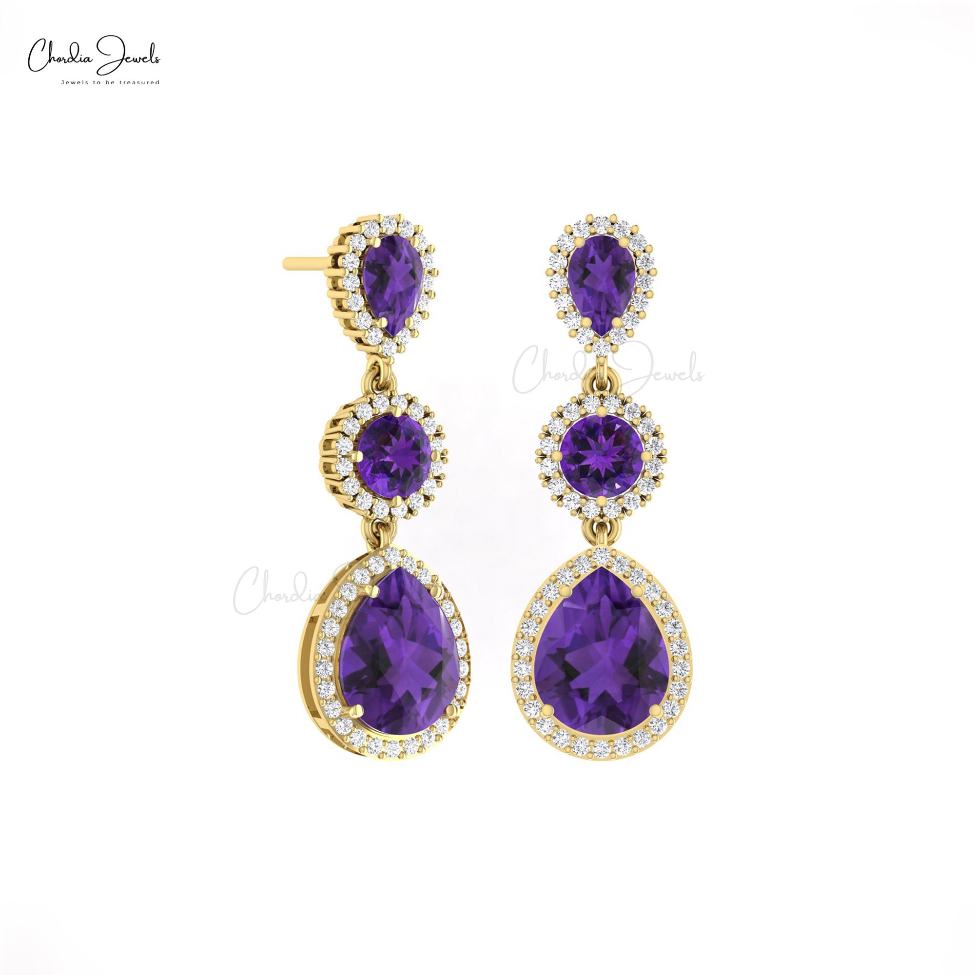 Dangle Halo Diamond Earrings In Real 14k Gold Amethyst 3 Ct Gemstone Women Earrings